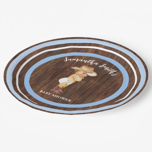 Little Baby Cowboy Western Blue Baby Dusche Pappteller (Schrägansicht)
