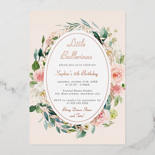 Little Ballerina Kindergeburtstag Rose Gold Floral Folieneinladung (Vorderseite)