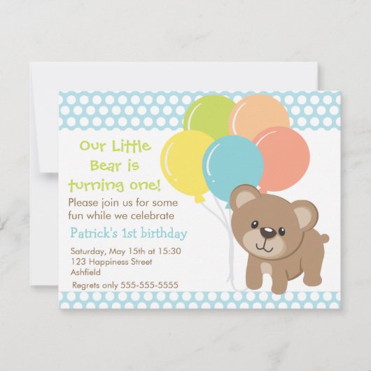 Little Bär and Balloons Geburtstagsparty Einladung (Vorderseite)