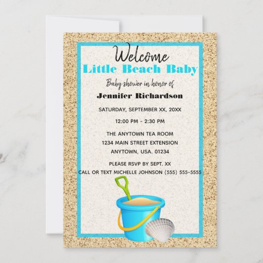 Little Beach Baby Aquamarin Sand Pail Baby Dusche Einladung (Vorderseite)