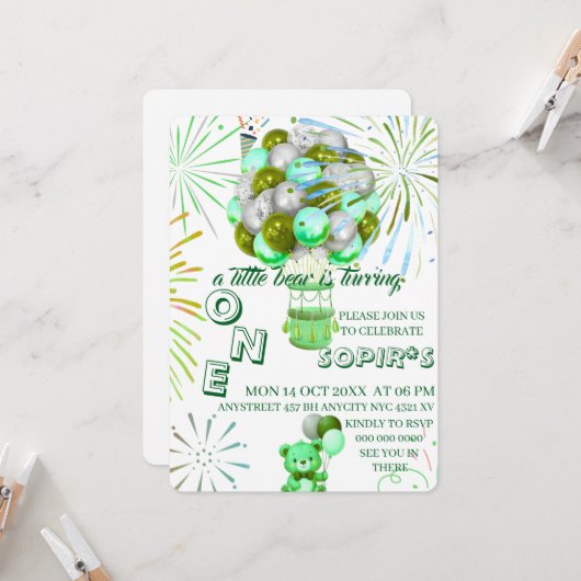 Little Bear First Birthday Invitation with Photo,  Einladung (Vorderseite/Rückseite Beispiel)