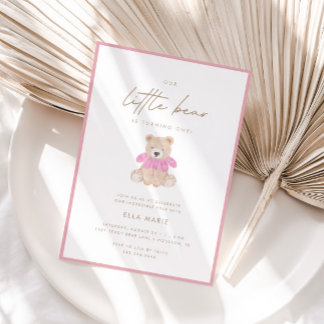 Little Bear - Modern Pink Floral Girl 1. Geburtsta Einladung