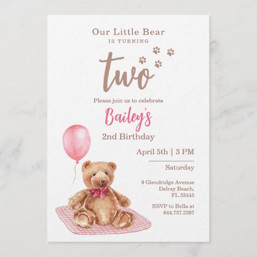 Little Bear Pink Any Age Birthday Invitation Einladung (Vorderseite)