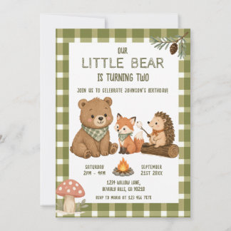 Little Bear Tiere Grün Gingham Geburtstag  Einladung