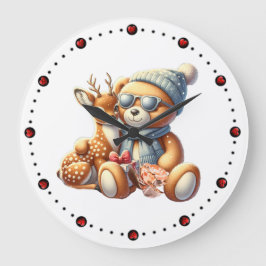 Little bear with fawn in arms winter Christmas Große Wanduhr