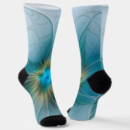 Little Beauty Modern Blue Gold Fractal Art Flower Socken