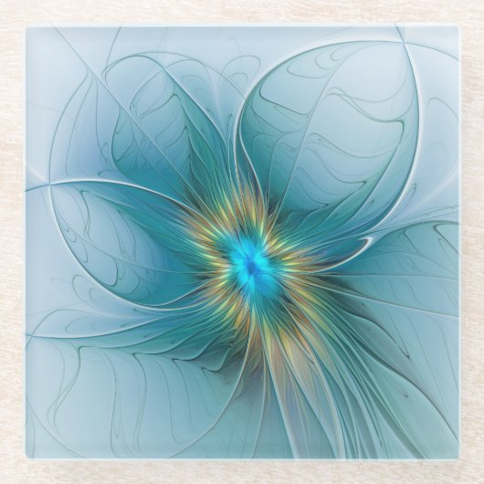 Little Beauty Modern Blue Gold Fraktal Blume Glasuntersetzer (Vorderseite)