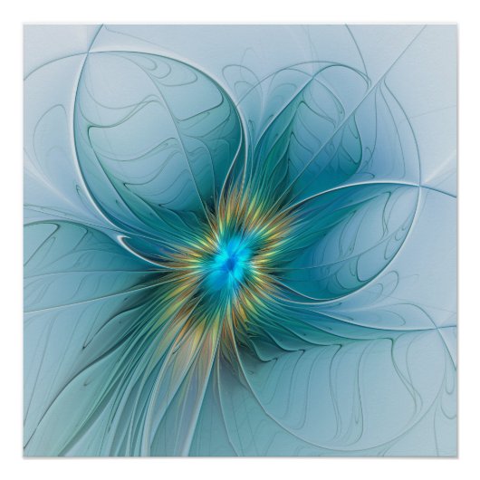 Little Beauty Modern Blue Gold Fraktal Blume Poster (Vorderseite)