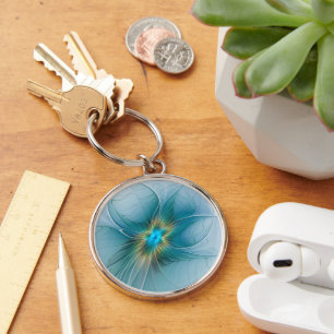 Little Beauty Modern Blue Gold Fraktal Blume Schlüsselanhänger