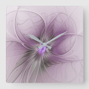 Little Beauty Modern Mauve Gray Fraktal Blume Quadratische Wanduhr