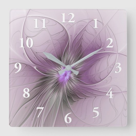 Little Beauty Modern Mauve Gray Fraktal Blume Quadratische Wanduhr (Vorderseite)