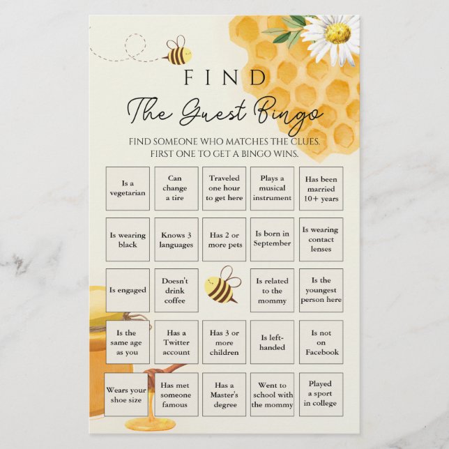 Little Bee Baby Shower Bingo Game (Vorderseite)