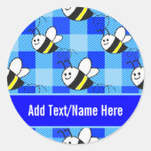 Little Bee Blue Kariert Pattern Individuelle Name Runder Aufkleber (Vorderseite)