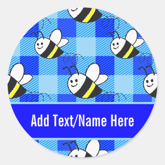 Little Bee Blue Kariert Pattern Individuelle Name Runder Aufkleber (Vorderseite)