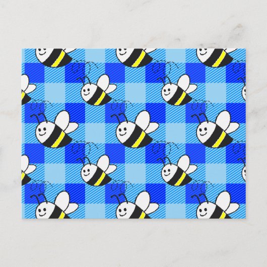 Little Bee Blue Karierte Muster Custom Postkarte (Vorderseite)