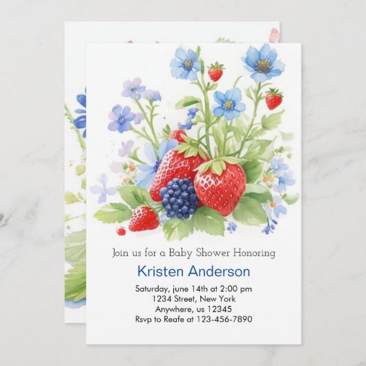 Little Berry's Blue Adventure Boy Baby Shower Einladung (Vorne/Hinten)