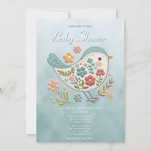 Little Bird Blue Pink Blume Babydusche Einladung (Vorderseite)