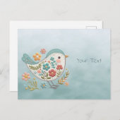 Little Bird Blue Pink Blume Postcard Postkarte (Vorne/Hinten)