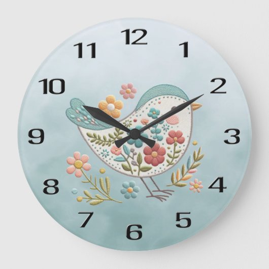 Little Bird Blue Pink Blume Wall Clock Große Wanduhr (Vorderseite)