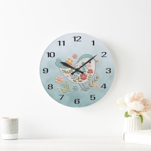 Little Bird Blue Pink Blume Wall Clock Große Wanduhr (Zuhause)