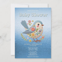 Little Bird Floral Embroidery Blue Baby Shower Inv