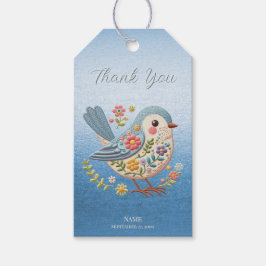Little Bird Floral Embroidery Blue Gift Tag Geschenkanhänger