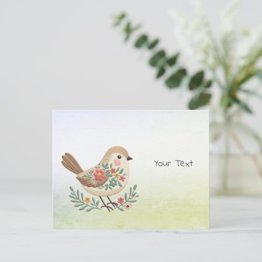 Little Bird Floral Gold Postcard Postkarte (Stehend Vorderseite)