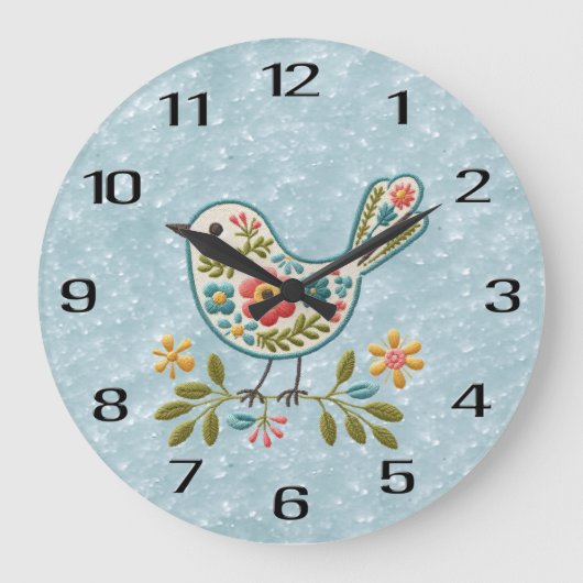 Little Bird Floral Green Blätter Wall Clock Große Wanduhr (Vorderseite)