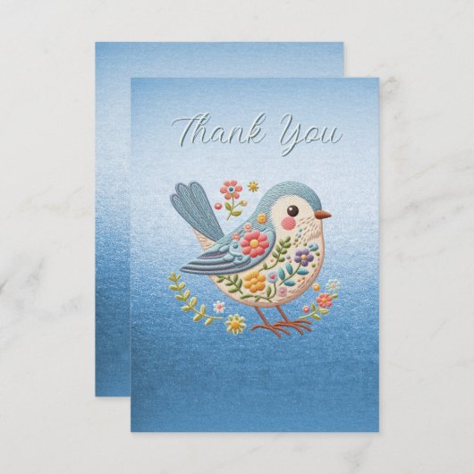 Little Bird Floral Stickerei Blau Danke Karte (Vorne/Hinten)