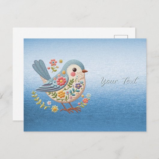 Little Bird Floral Stickerei Blue Postcard Postkarte (Vorne/Hinten)