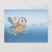 Little Bird Floral Stickerei Blue Postcard Postkarte (Vorderseite)
