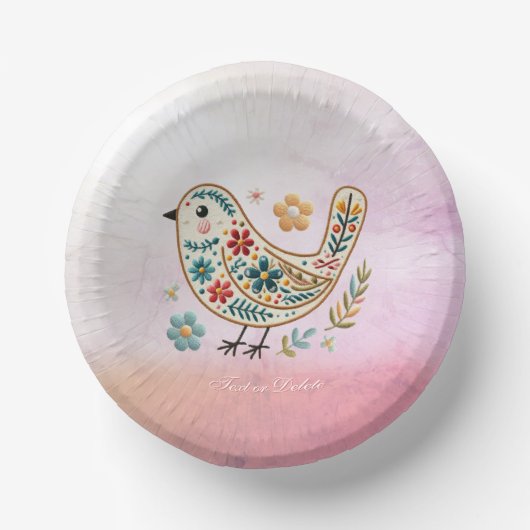 Little Bird Floral Stickerei Pink Paper Bowl Pappteller (Vorderseite)