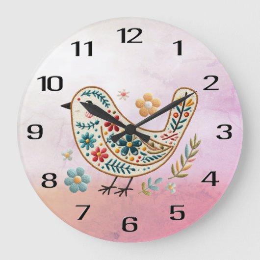 Little Bird Floral Stickerei Pink Wall Clock Große Wanduhr (Vorderseite)