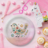 Little Bird Floral Stickerei Rosa Papierplatte Pappteller (Party)