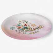 Little Bird Floral Stickerei Rosa Papierplatte Pappteller (Schrägansicht)