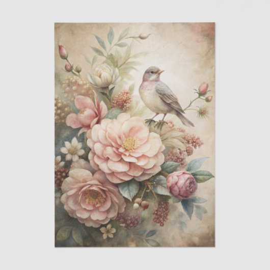 Little Bird Perched on Pretty Floral Bouquet Seidenpapier (Vorderseite)