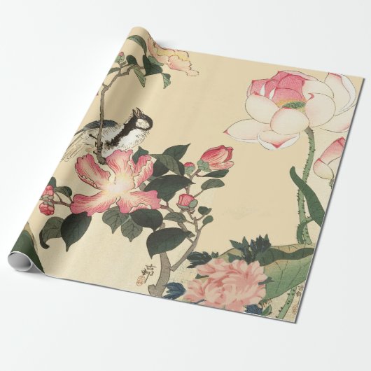 LITTLE BIRD WITH PINK ROSES AND LOTUS FLOWERS GESCHENKPAPIER (Ungerollt)