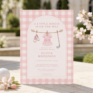 Little Birdie Golf Rosa Mädchen Gingham Babyparty Einladung
