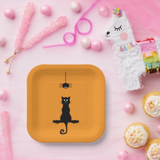 Little Black Cat and Spider Halloween Paper Plate Pappteller (Party)