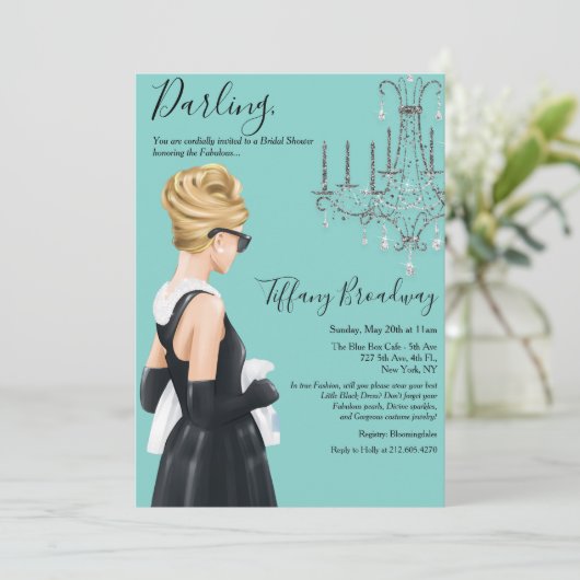 Little Black Dress Blue Glam Brautparty Einladung (Stehend Vorderseite)