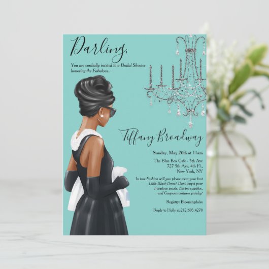 Little Black Dress Blue Glam Brautparty Einladung (Stehend Vorderseite)