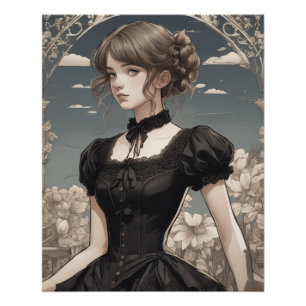 Little Black Dress Fantasy AI Art - Vintag Anime Poster