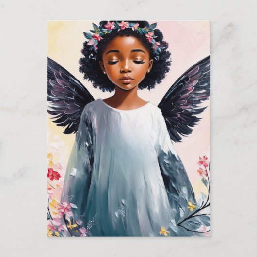Little Black Girl Angel Floral Art Postkarte (Vorderseite)