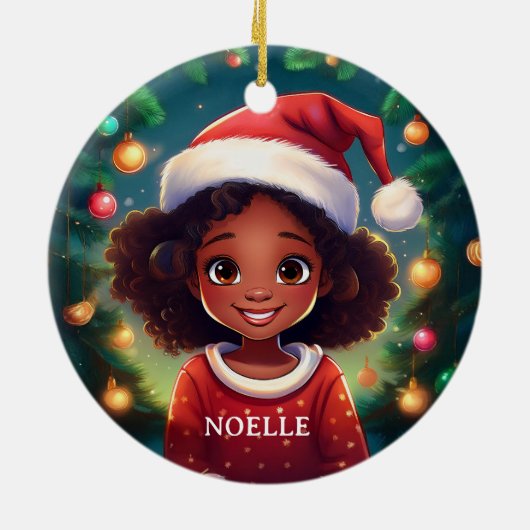 Little Black Girl Christmas Weihnachtsmannmütze Keramik Ornament (Hinten)