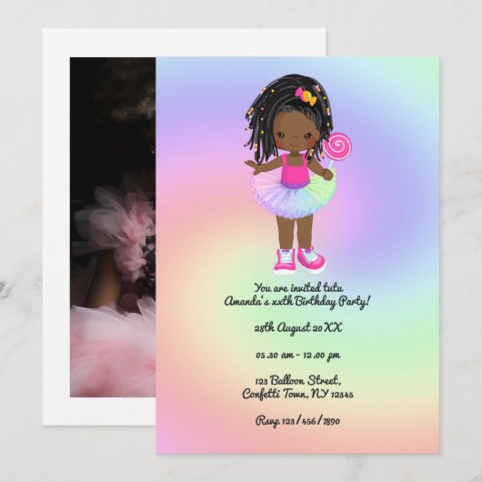 Little Black Girl Colorful Tutu Geburtstagsparty Einladung (Vorne/Hinten)