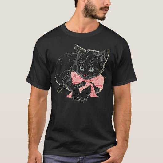 Little Black Kitten Pink Bow Coquette Baby Y2K Ae T-Shirt (Vorderseite)