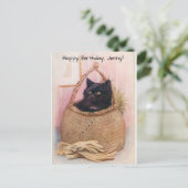 Little Black Kitty in Basket in der Nähe von Garte Postkarte (Stehend Vorderseite)