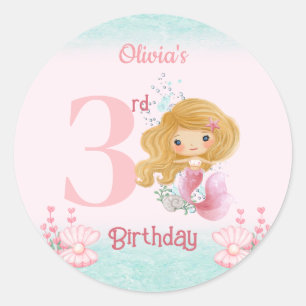 Little Blond Mermaid Pink Girl Birthday Runder Aufkleber