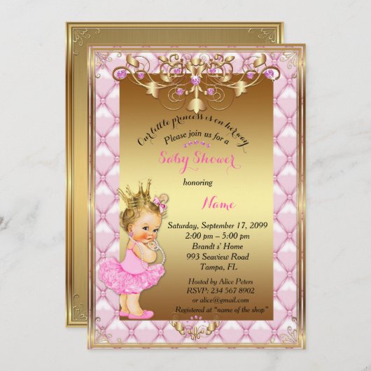 Little Blond Princess, Baby Shower Invasion, Gold Einladung (Vorne/Hinten)