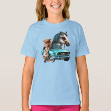 Little Blonde Girl mit Mustang Car Pony Pferd